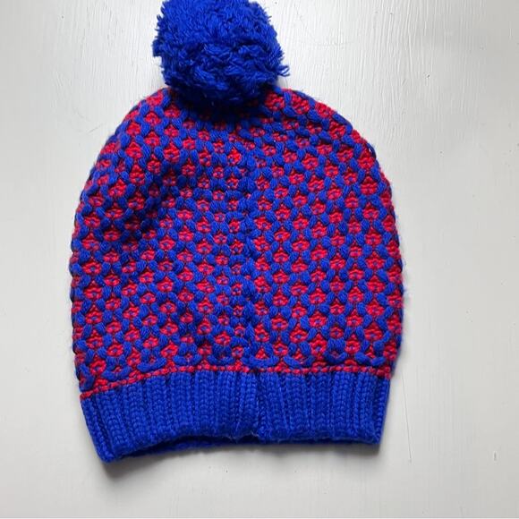 Old Navy Cozy Blue and Red Pom-Pom Cold Weather Winter Beanie - Picture 2 of 7